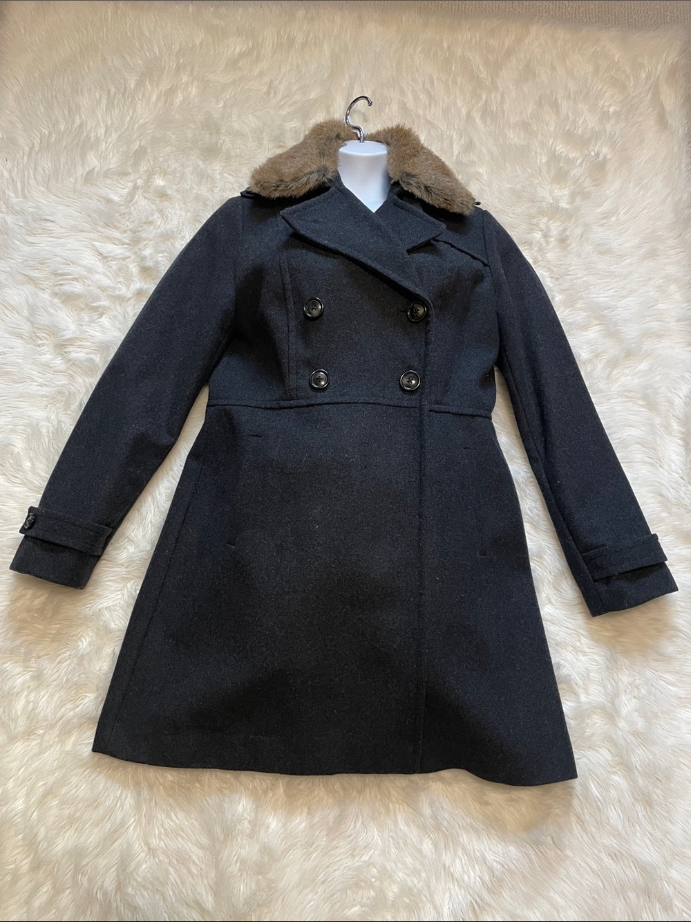Banana Republic Factory Double-Breasted Wool-Blend Pea Coat Faux Fur Collar L